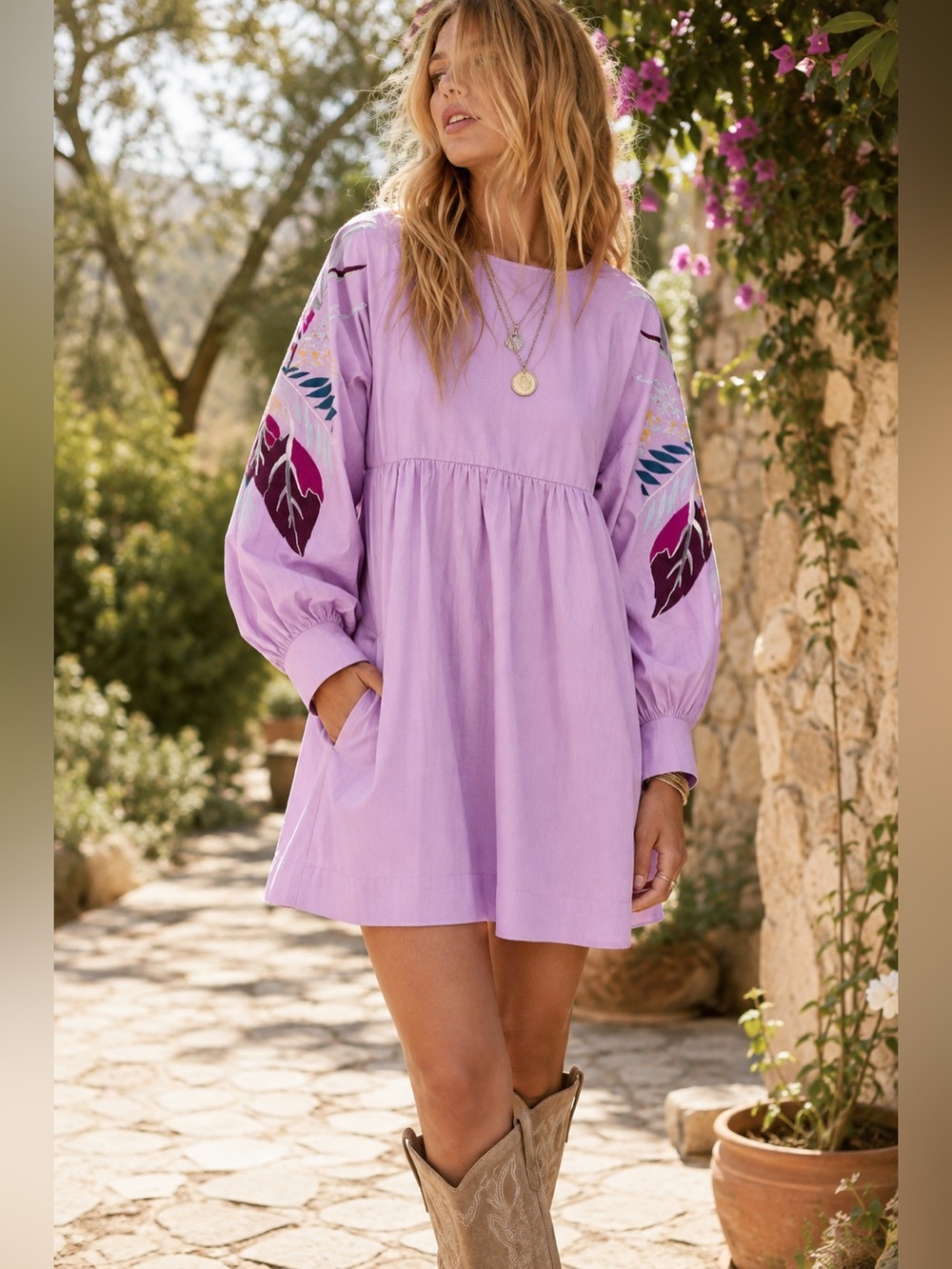 Free People Mini Obsession Embroidered Babydoll Mini Dress Lilac Medium